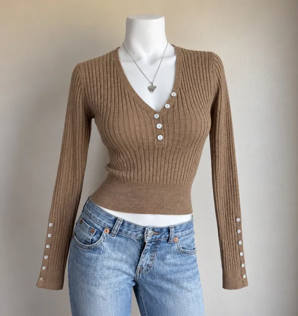 American Rag Cie Tan Brown Ribbed Button Front Long Sleeve Sweater Top Y2K Sz M