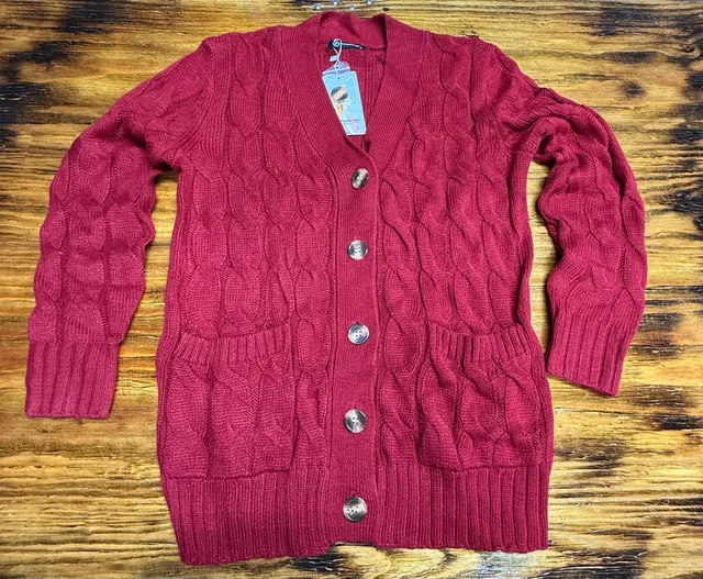 PrettyGarden Cable Knit Cardigan Size S Red V-Neck Button Front Pockets