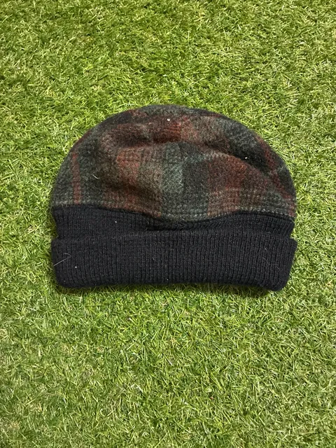 Plaid Knit Beanie Hat Green Brown Black