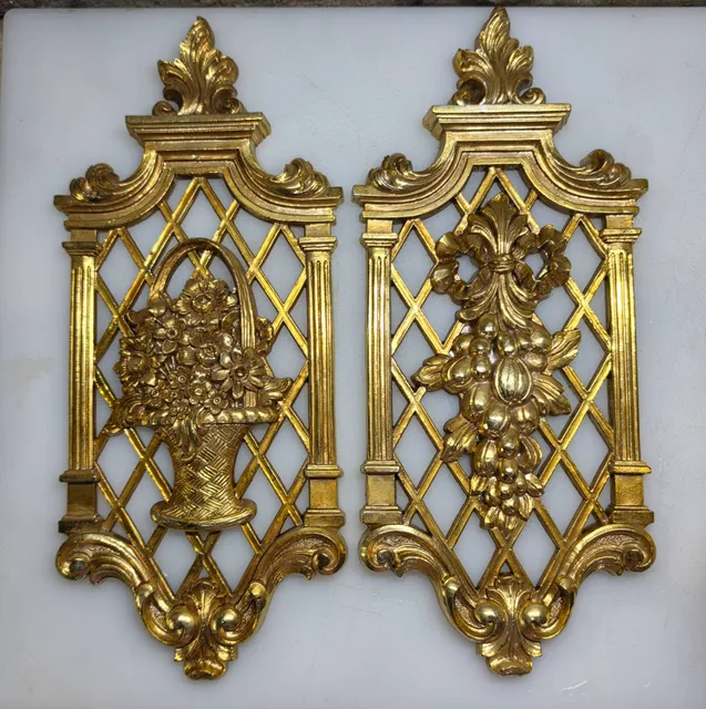 Dart Ind Vintage Gold Wall Plaques Fruit Basket And Grapes 7212