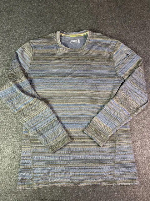 Smartwool Merino Base Layer Crew Size L Blue Striped Wool Long Sleeve