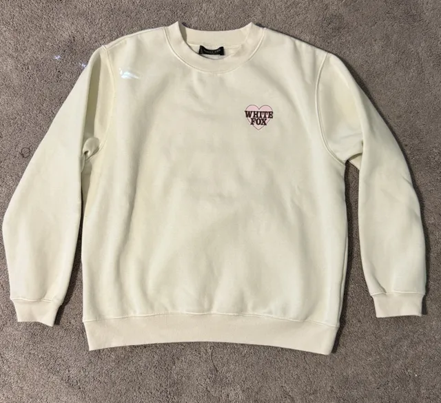 White Fox Crewneck Sweatshirt Size S/M Cream Pink Heart Cupid Arrow