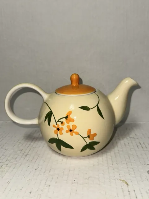 Cream Ceramic Teapot Orange Floral Green Leaves Lid Cottagecore Grannycore