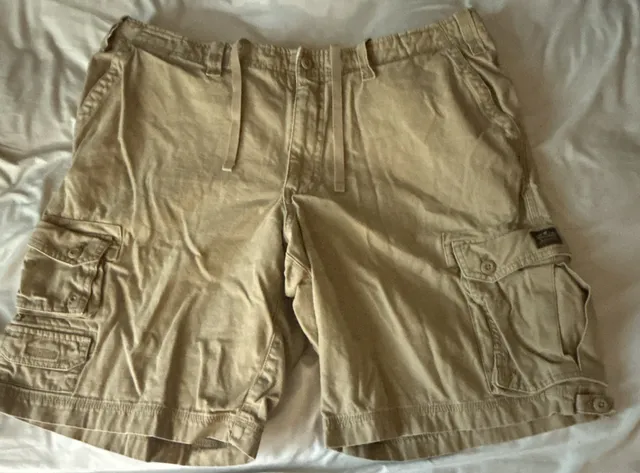 Eddie Bauer Shorts Men 40 Khaki Twill Cargo Outdoor Utility Military Drawstrings