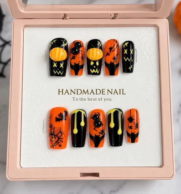 NV Luxe Handmade Halloween Reusable Press On Nails 3D Pumpkin Spider Art- Size Small