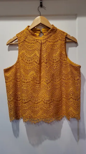 Haute Monde Mustard Yellow Sleeveless High Neck Lace Top, L