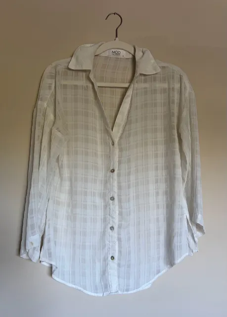 Mod On Trend Button Down Shirt Size S White Sheer Checkered Blouse