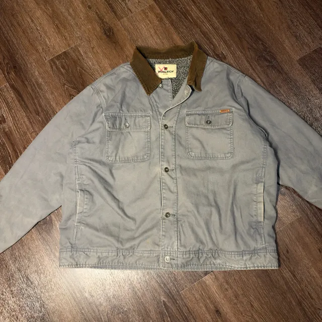 Woolrich Canvas Work Jacket Size XXL Grey Sherpa Lined Corduroy Collar