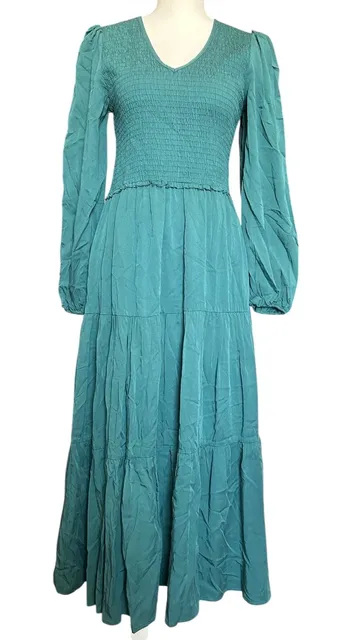 Bohme Dress Casual Long Sleeve V Neck Elastic Waist Lightweight Maxi Dark Teal