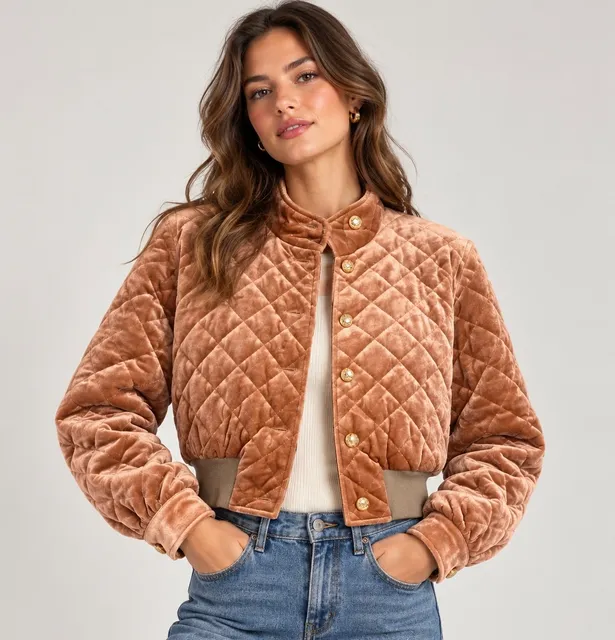 Women’s Italano Quilted Velvet Bomber Jacket Size M Camel Gold Buttons
