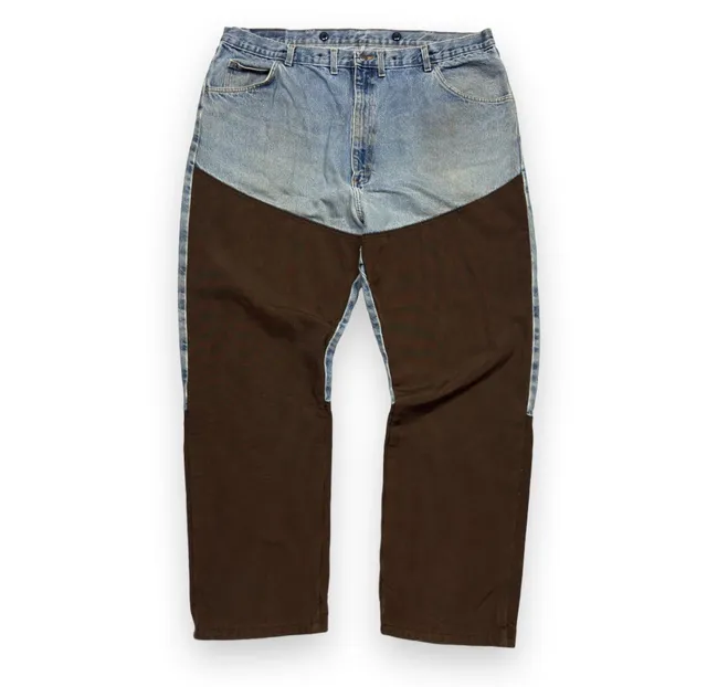 Wrangler Pro Gear Jeans 44x32 Blue Denim Brown Nylon Overlay Hunting Pants