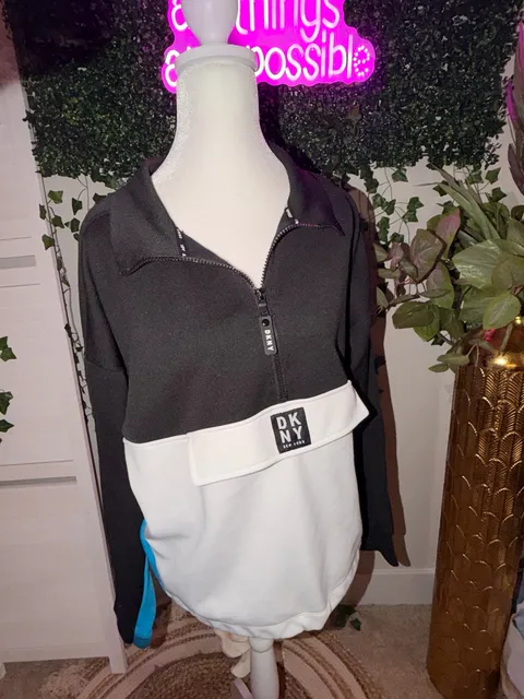 DKNY Sport 1/2 Zip Colorblock Pullover Sweatshirt Size XL Black White Teal
