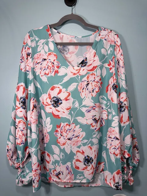 Floral V-Neck Long Sleeve Blouse Teal Pink