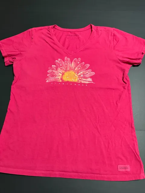Life is Good Sunflower Crusher Vee Size L Pink V-Neck T-Shirt