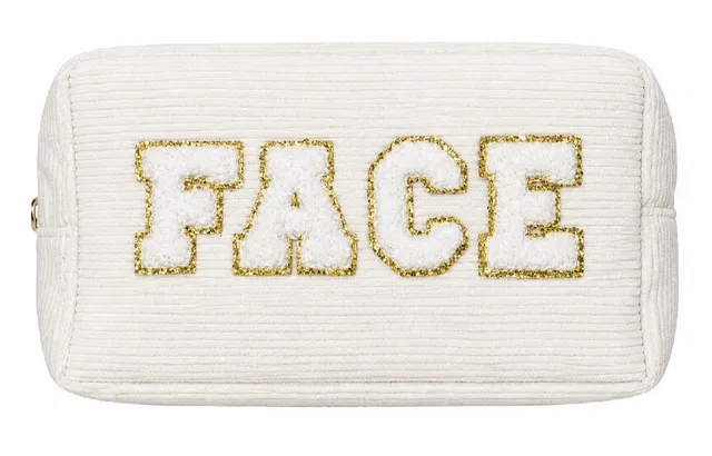 Face Corduroy Makeup Pouch Cream Gold Letters