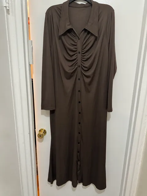 Brown Ribbed Long Sleeve Button Front Midi Shirt Dress