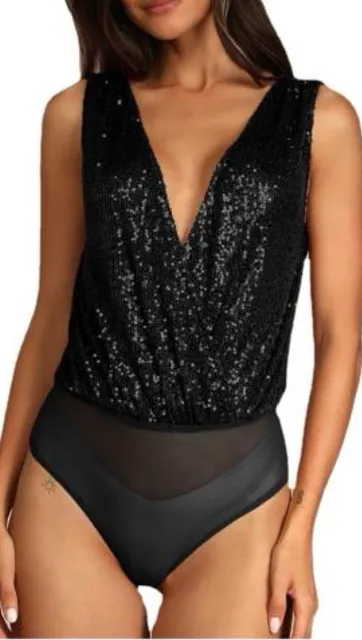 Gilli Black Sequin Sleeveless Bodysuit Size Small