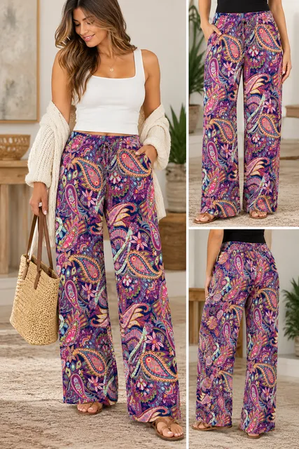 Paisley Print Wide Leg Drawstring Pants