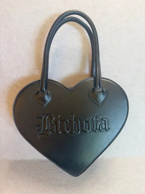 Bichota Black Heart Shaped Handbag Crossbody Purse Embossed Logo New