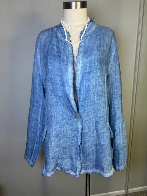 Meo Meli Linen Blazer Blue Distressed Raw Hem