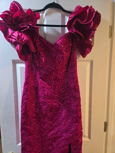 Nadine Magenta Sequin Ruffle Sleeve Dress