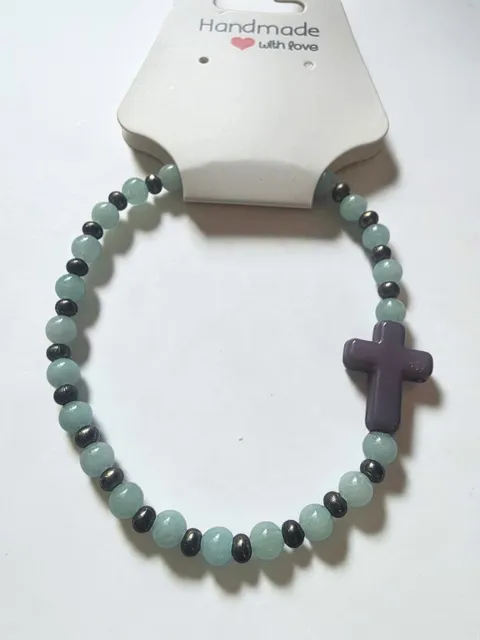 Natural Aquamarine Beaded Stretch Bracelet Grey Cross