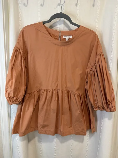 Prologue Womens L Peach Puff Sleeve Peplum Blouse Babydoll Boho Cottagecore Top