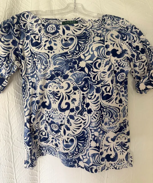 Lauren Ralph Lauren Blue White Floral Paisley Boatneck Top