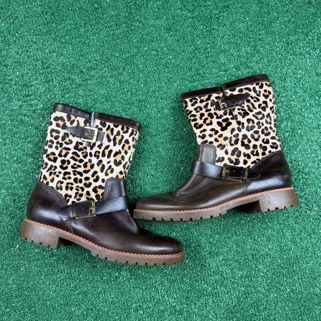 Sperry Leopard Print Leather Buckle Boots Brown