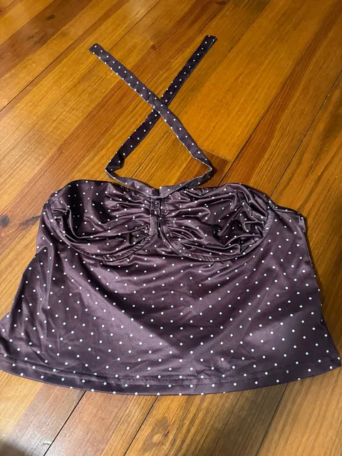 Shein Polka Dot Halter Top Size L Brown White Ruched Satin
