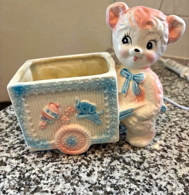 Ceramic Bear Nursery Planter w/ Toy Block, Glazed 3D Effect White Pink Blue