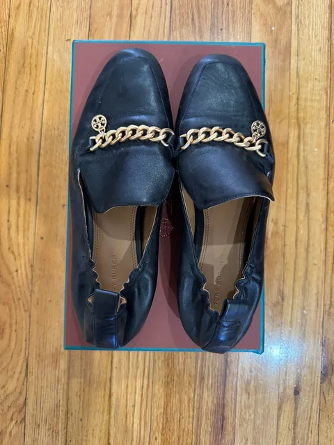 Tory Burch Mini Benton Loafers Black Leather Gold Chain
