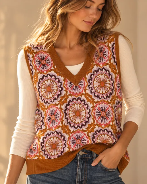 Maeve Anthropologie Floral Jacquard Sweater Vest XL Retro Boho 70s Fall