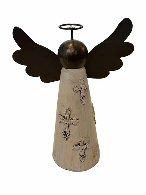 Rustic Metal and Wood Angel Figurine with Crosses