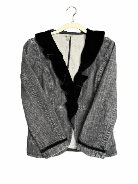Preppy J.Crew Denim Blazer Size 8 Black Velvet Ruffle Collar Jacket