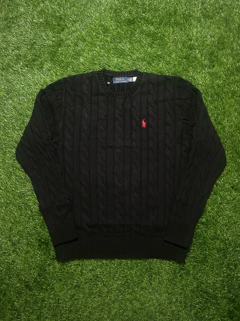 Polo Ralph Lauren Cable Knit Sweater Size M Black Red Pony