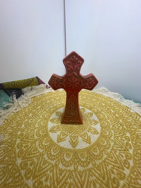 5” Rabino Ceramic Christian Cross Figurine Red Glazed Standing Decor