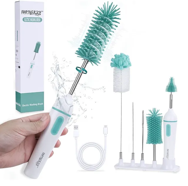 Electric Washing Brush Bottle Cleaner Set White Green New