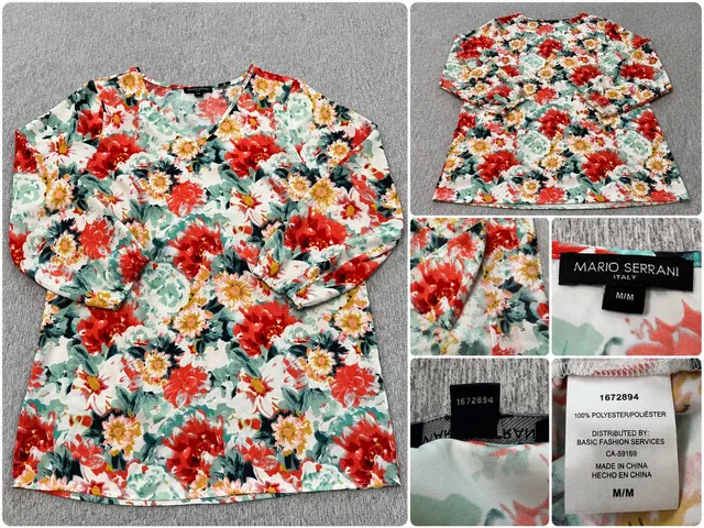 Mario Serrani Women’s M Floral Blouse V-Neck 3/4 Sleeve Multicolor Tunic Top