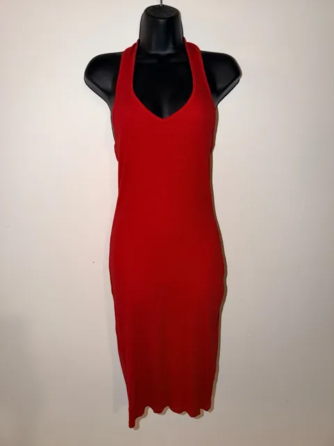 Red Ribbed Halter Midi Dress