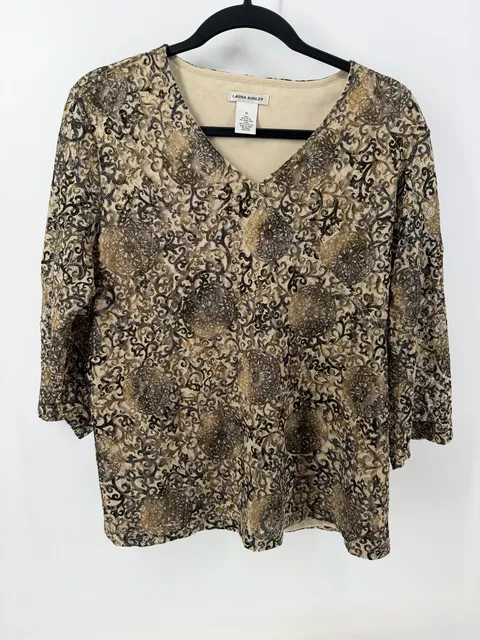 Laura Ashley XL Burnout Velvet Mesh Top Gold Sparkle Sheer Sleeve Y2K Boho