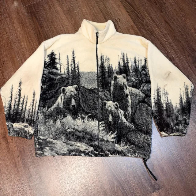 Vintage Bear Ridge Outfitter Full Zip Fleece Jacket XL Bear Forest Print AOP
