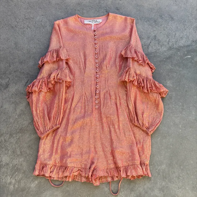 Free People Jen's Pirate Booty Livia Romper Pink Metallic Ruffle Size S