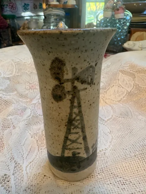 *chipped 
Tokheim Stoneware Windmill Vase 1985 Speckled Pottery