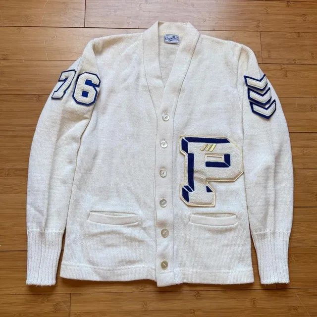 Vintage Virgin Wool Letterman Cardigan Sweater White Blue Size 76