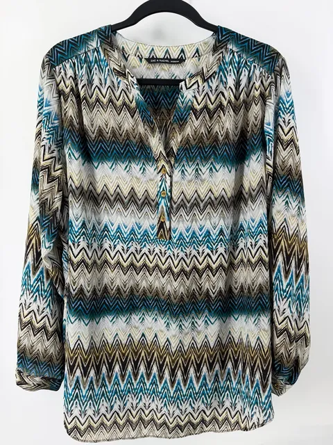 Zac & Rachel Chevron Tunic Blouse 1X Teal Brown Cream Boho Long Sleeve