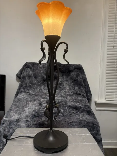 Vintage Wrought Iron Accent Table Lamp Amber Lily Glass Shade Tuscan Art Nouveau