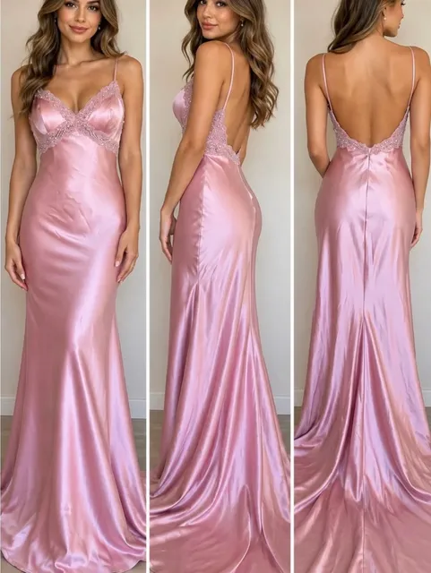 Pink Satin Lace Trim Formal Dress