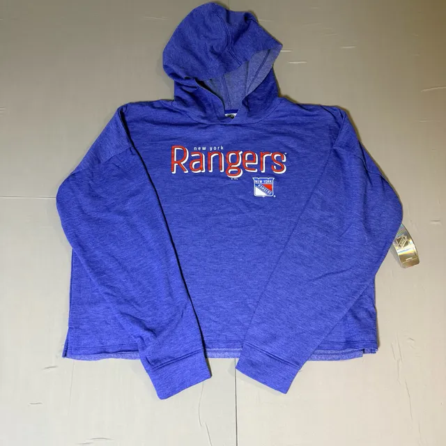 NHL New York Rangers Hoodie woman's Size L Blue Spell Out Pullover Sweatshirt