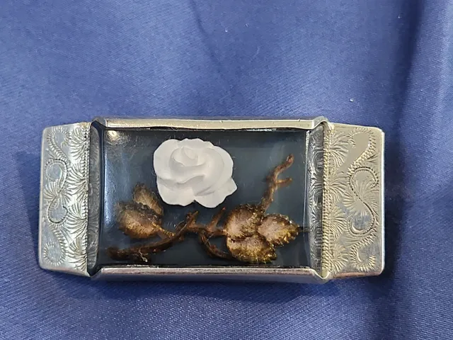 Vintage Handcrafted White Rose Belt Buckle Engraved Metal